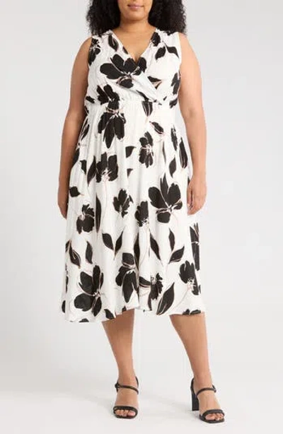 Renee C Floral Sleeveless Faux Wrap Midi Dress In White