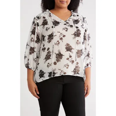 Renee C Floral Split Neck Top In White