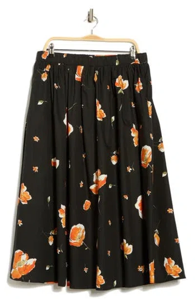 Renee C Floral Stretch Cotton Midi Skirt In Black
