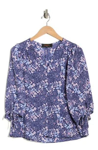 Renee C Floral Tie Cuff Top In Blue