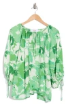 Renee C Floral Tie Keyhole Balloon Sleeve Top In Green