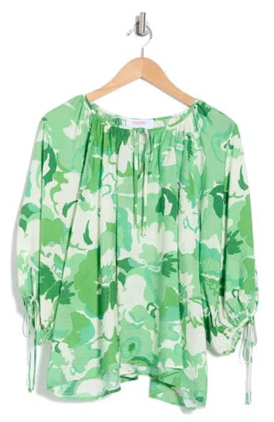 Renee C Floral Tie Keyhole Balloon Sleeve Top In Green