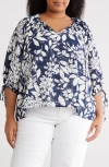 Renee C Floral Tie Sleeve Top In Blue