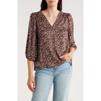 Renee C Floral V-neck Balloon Sleeve Top In Burgundy
