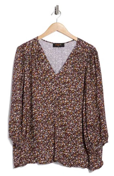 Renee C Floral V-neck Balloon Sleeve Top In Burgundy