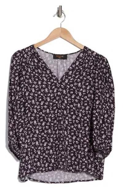 Renee C Floral V-neck Balloon Sleeve Top In Navy/white