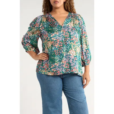 Renee C Floral V-neck Long Sleeve Top In Blue