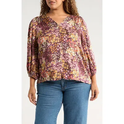 Renee C Floral V-neck Long Sleeve Top In Purple