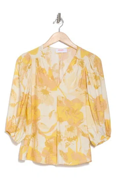 Renee C Floral V-neck Three-quarter Sleeve Top In Yellow