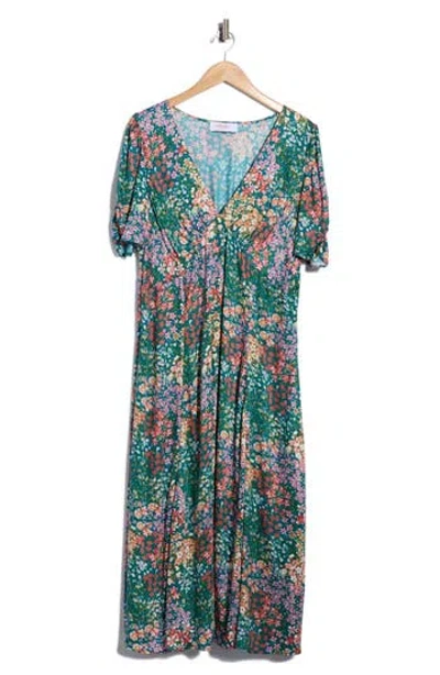 Renee C Floral V-neck Midi Dress In Green