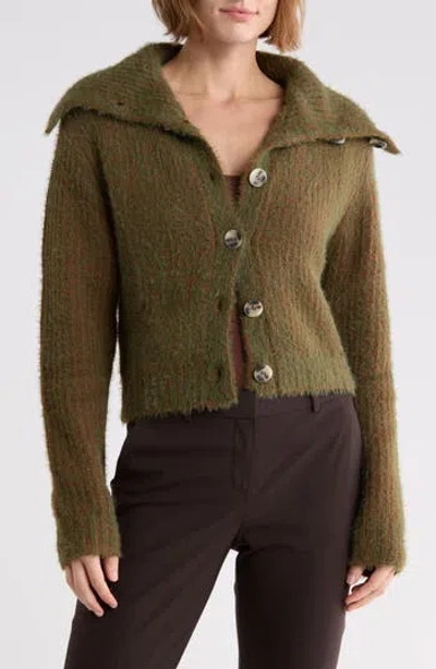 Renee C Fuzzy Knit Collared Cardigan In Olive/ Rust