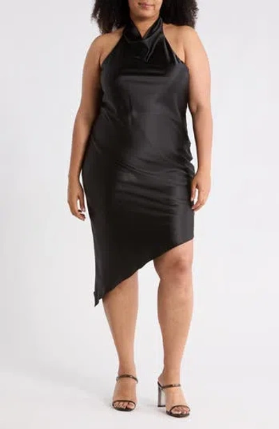 Renee C Halter Neck Asymmetric Satin Dress In Black