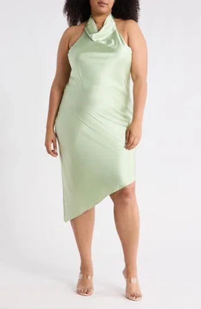 Renee C Halter Neck Asymmetric Satin Dress In Green