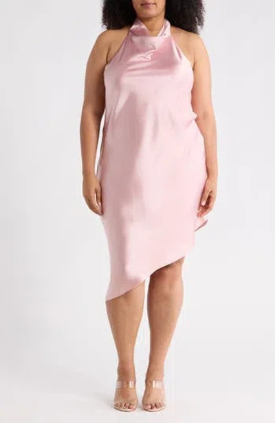 Renee C Halter Neck Asymmetric Satin Dress In Pink