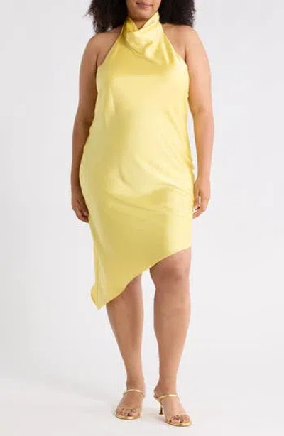Renee C Halter Neck Asymmetric Satin Dress In Yellow