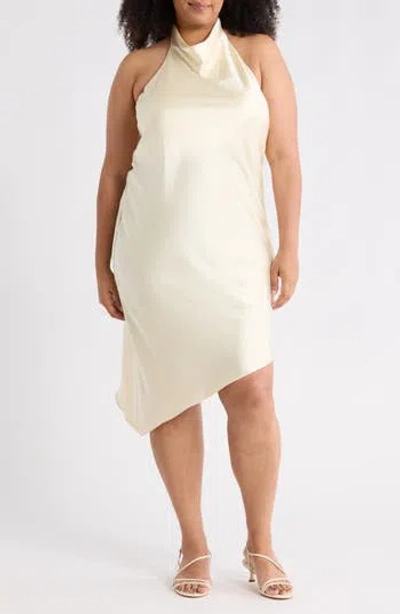 Renee C Halter Neck Asymmetric Satin Dress In Yellow