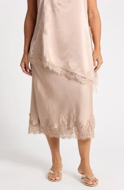 Renee C Lace Hem Satin Midi Skirt In Neutral