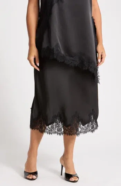 Renee C Lace Hem Satin Midi Skirt In Black
