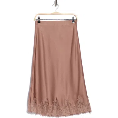 Renee C Lace Hem Satin Midi Skirt In Brown