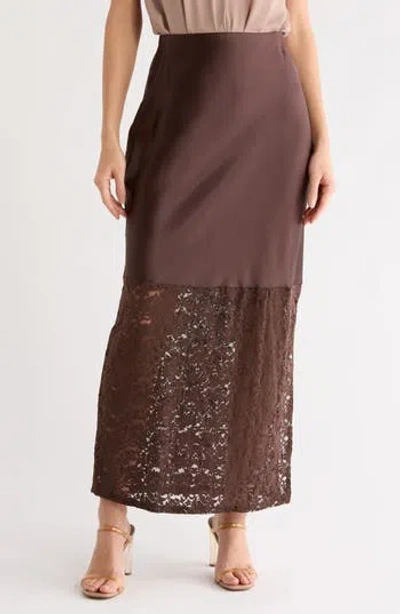 Renee C Lace Trim Satin Maxi Skirt In Brown
