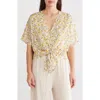 Renee C Lemon Print Tie Front Top In Taupe