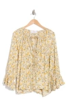 Renee C Lemon Print Tie Keyhole Long Sleeve Top In Taupe