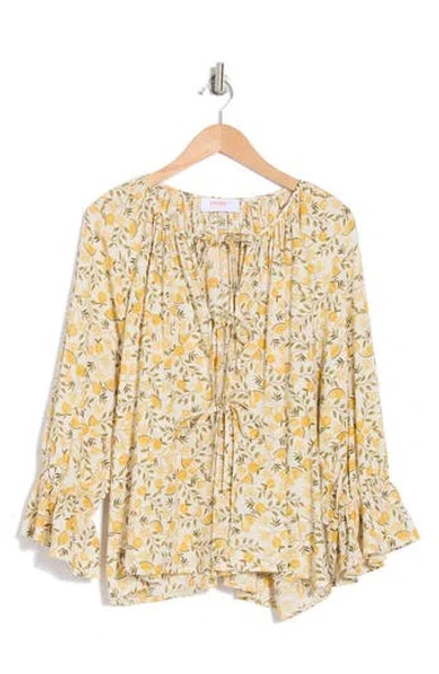 Renee C Lemon Print Tie Keyhole Long Sleeve Top In Taupe