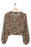 RENEE C RENEE C LEOPARD SMOCK SURPLICE LONG SLEEVE TOP