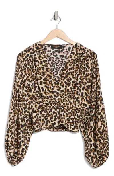 Renee C Leopard Smock Surplice Long Sleeve Top In Chocolate