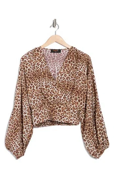 Renee C Leopard Smock Surplice Long Sleeve Top In Mocha