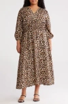 Renee C Leopard Smocked Waist Midi Dress
