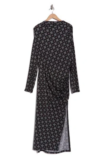 Renee C Long Sleeve Geo Ruched Midi Dress In Black