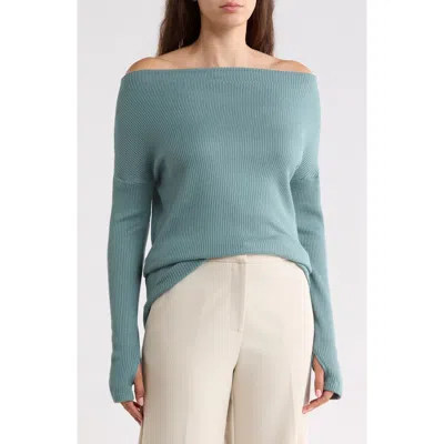 Renee C Off The Shoulder Long Sleeve Rib Knit Top In Blue