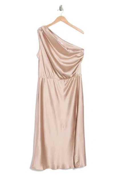 Renee C One-shoulder Satin Midi Dress In Beige