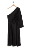Renee C One-shoulder Satin Midi Dress In Black