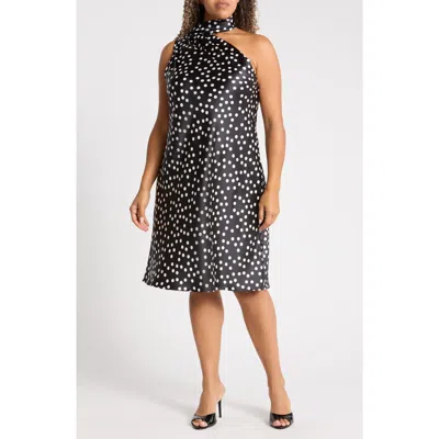 Renee C One-shoulder Polka Dot Dress In Black