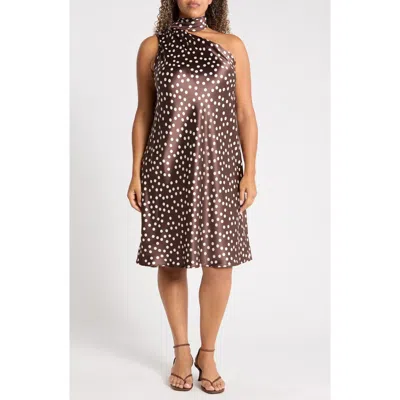 Renee C One-shoulder Polka Dot Dress In Brown