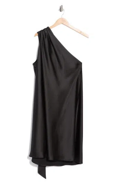 Renee C One-shoulder Satin Shift Dress With Scarf In Black