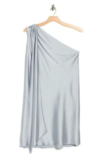 Renee C One-shoulder Satin Shift Dress With Scarf In Blue