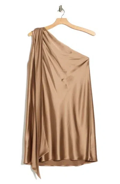 Renee C One-shoulder Satin Shift Dress With Scarf In Gold