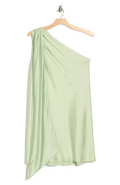 Renee C One-shoulder Satin Shift Dress With Scarf In Green