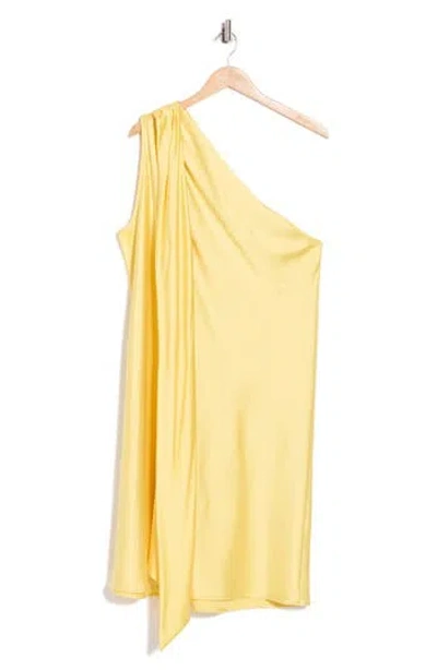 Renee C One-shoulder Satin Shift Dress With Scarf In Yellow