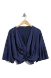 Renee C Plunge Neck Long Sleeve Twisted Knot Satin Top In Blue