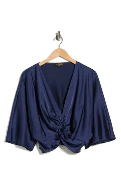 Renee C Plunge Neck Long Sleeve Twisted Knot Satin Top In Blue