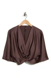 Renee C Plunge Neck Long Sleeve Twisted Knot Satin Top In Brown