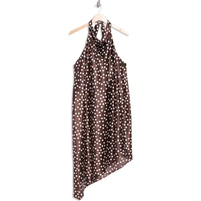Renee C Polka Dot Asymmetric Hem Satin Halter Dress In Brown