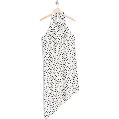 Renee C Polka Dot Asymmetric Hem Satin Halter Dress In White