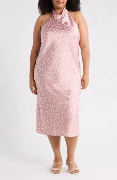 Renee C Polka Dot Halter Neck Satin Midi Dress In Pink