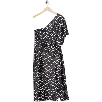 Renee C Polka Dot One-shoulder Satin Midi Dress In Black