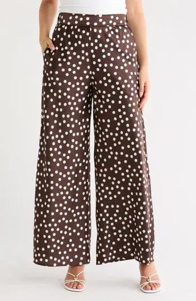 Renee C Polka Dot Satin Wide Leg Pants In Brown